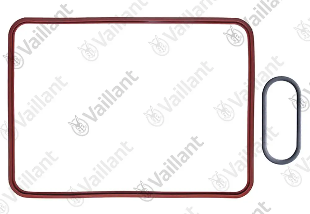 Dichtungsset von Vaillant mit einer rechteckigen und einer ovalen Dichtung, beide in Rot und Grau, geeignet für bestimmte Modelle.